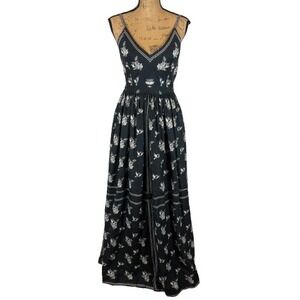 Vintage Pauline Trigere Black Floral Bird Block Print Maxi Dress 70s Sundress XS